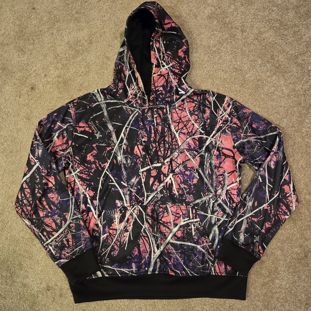 Muddy Girl Women's Pink and Black Camouflage Hoodie Sweatshirt Size Large